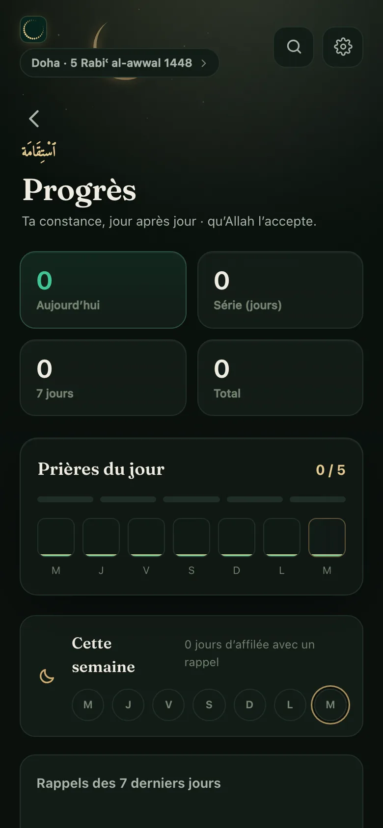L’écran Progrès de Mounis : ta constance du jour, la série, la semaine et le suivi du jeûne avec les jours blancs.